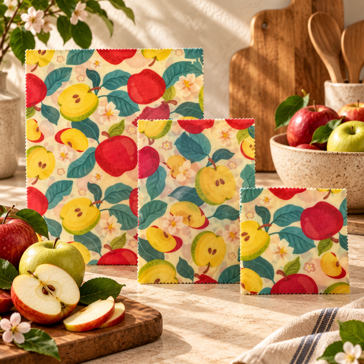 Tres tamaños de envoltorios ReWrap con estampado Manzana Fresca
