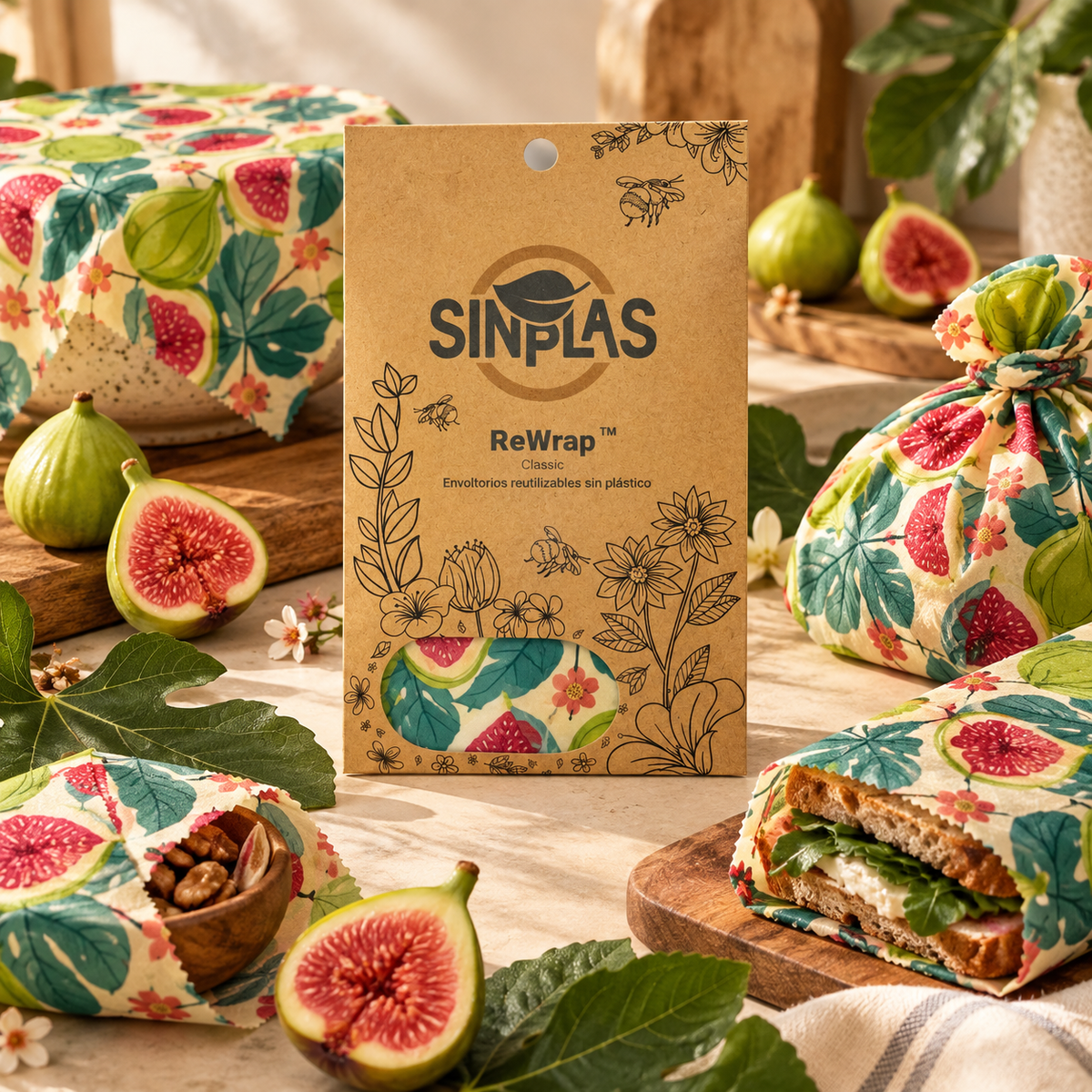 ReWrap de Sinplas en diseño Higo Dulce, con su envase, cubriendo un bol y envolviendo un bocadillo