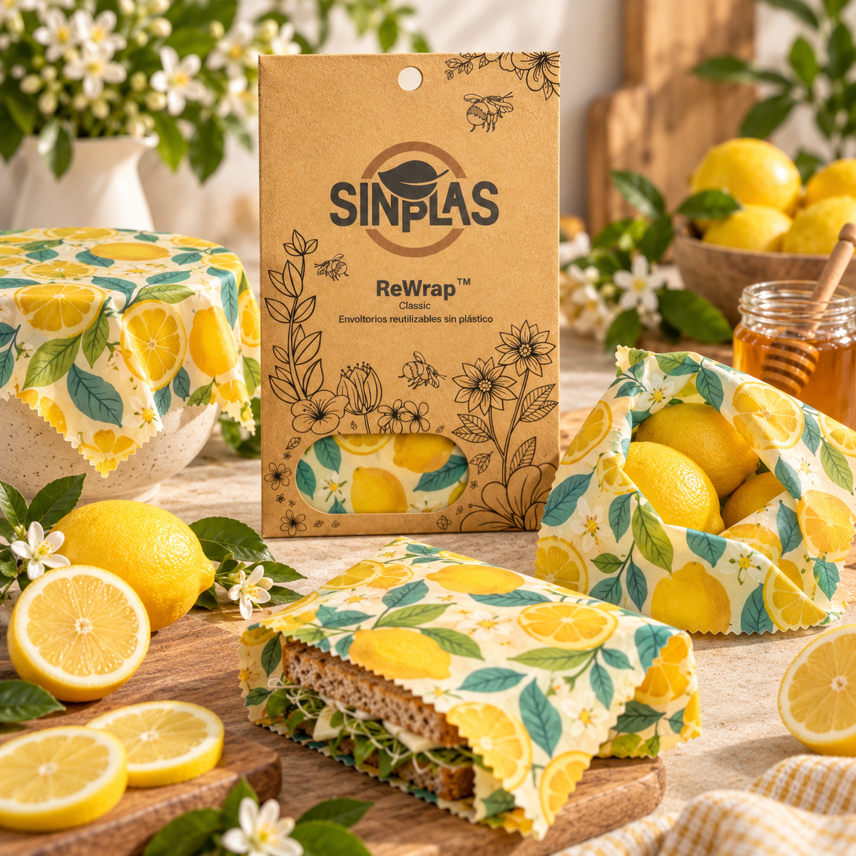 ReWrap de Sinplas en diseño Limón Ácido, envolviendo limones y un bocadillo y cubriendo un bol