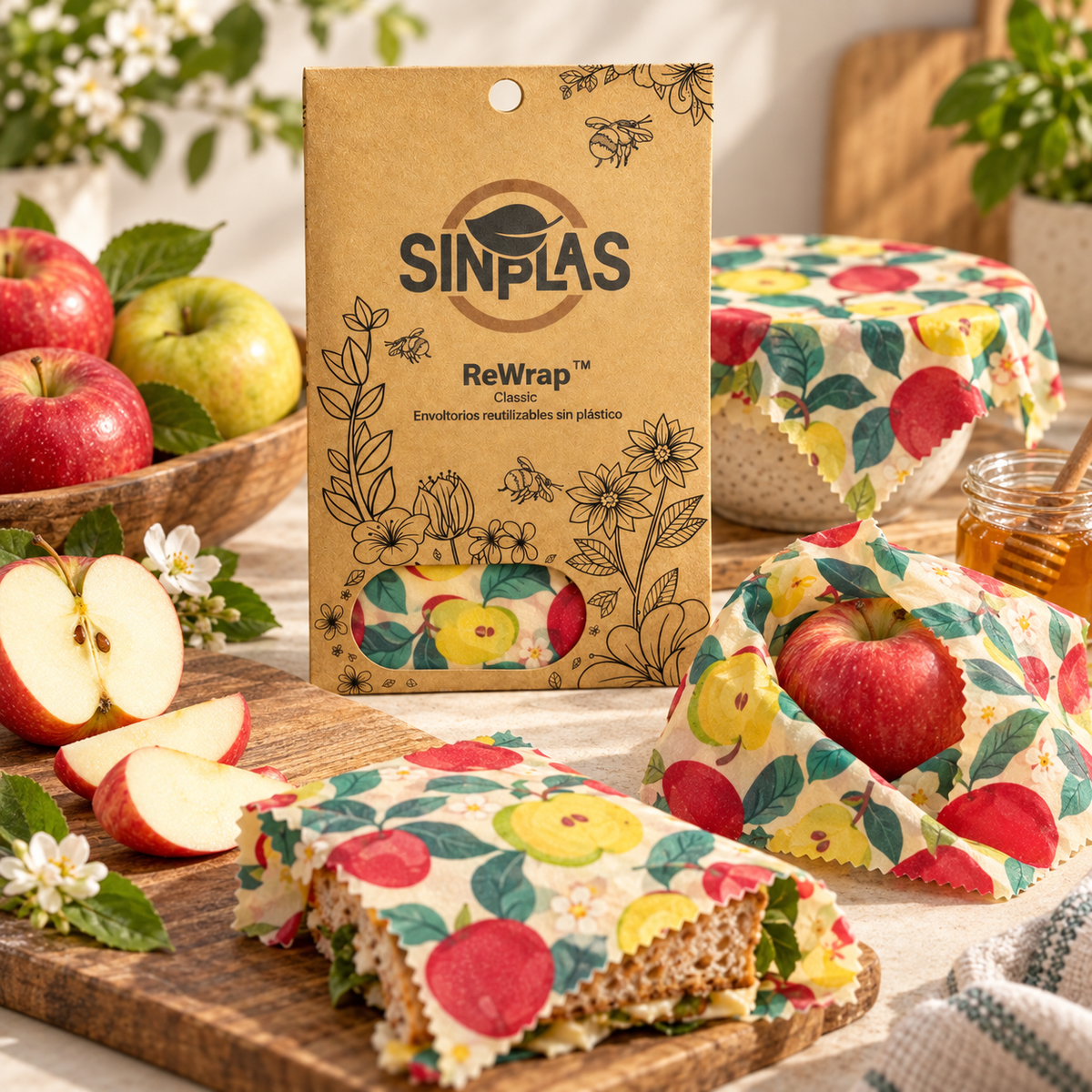 ReWrap de Sinplas en diseño Manzana Fresca, envolviendo fruta y un bocadillo y cubriendo un bol
