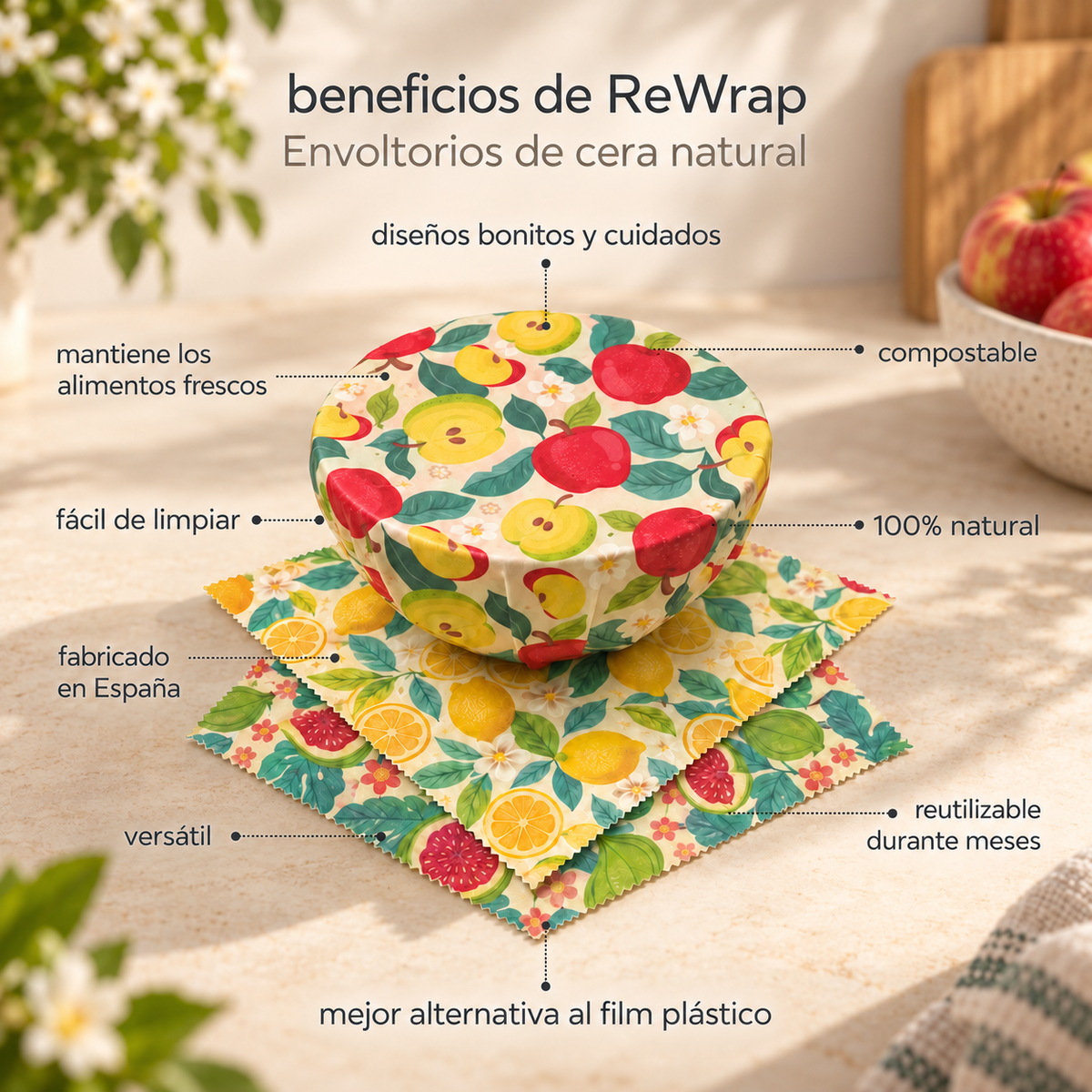 Beneficios de ReWrap: envoltorios reutilizables de cera para alimentos, recipientes y bols