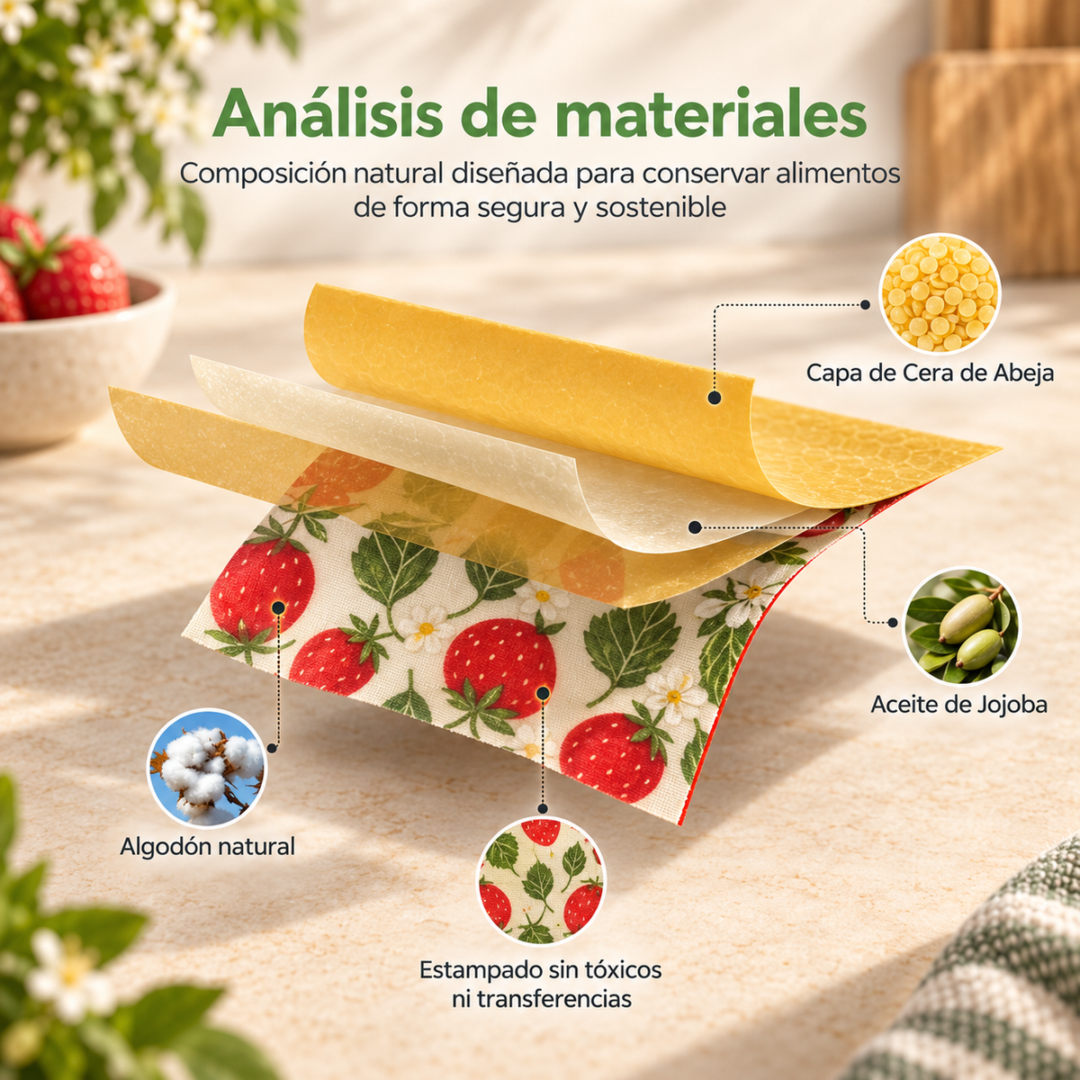 Materiales de ReWrap: algodón, cera de abeja, resina natural y aceite de jojoba