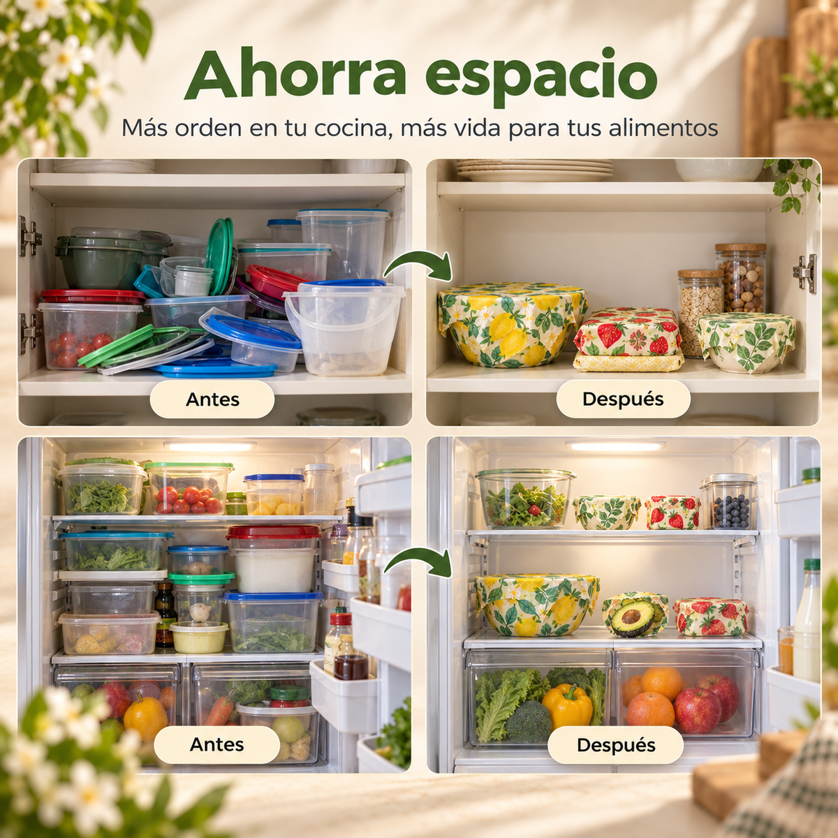 Organización de la nevera antes y después de usar envoltorios ReWrap